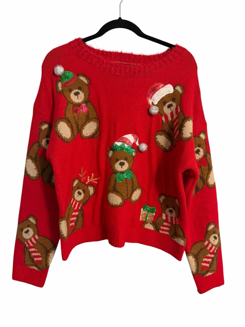 33 Degrees Women Red Teddy Bear Sequin Ugly Christmas Holiday Sweater Small
